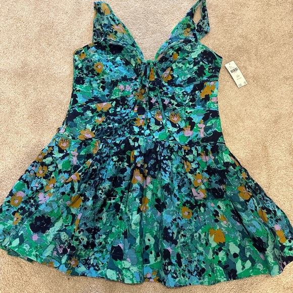 Anthropologie Corset Floral Mini Dress 12P NWT Turquoise Blue Green Party - Picture 4 of 5